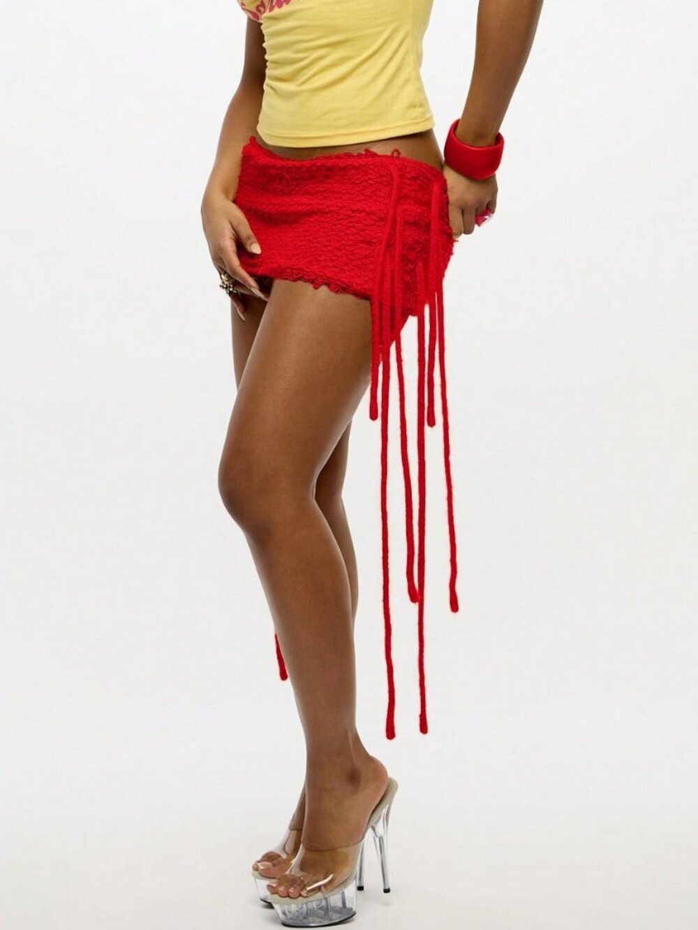 Red Sexy Women's Fringe Textured Tassel Mini Skirt - Picture 4 of 7